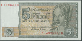 5 Mark 1.7.1963, Bundeskassenschein, Ersatzbanknote BBkII für Westberlin, Serie 14328550B, KN 7-stellig rot, Ro. B5 ehm. Ro. 313, P-29A, Grab. BRD-61,...