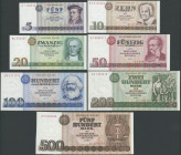 Staatsbank der DDR, 1971-1985, 7 Stk.:10 und 50 Mark 1971 (Ro. 359c & 360c); 5, 20, 100 und 500 Mark 1975 (Ro. 361-365). Erh I/unc.