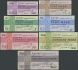 Forum-Außenhandelsgesellschaft 1979, 7 Forumschecks zu: 0,50, 1, 5, 10, 50, 100 und 500 Mark 1979, nur Standartnoten. Ro. 367-371, 372-373. Erh I/unc....