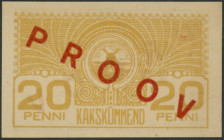 Estland, Eesti Vabariigi Kassattäht, 20 Penni o.D. (1919), Probe mit rotem Überdruck PROOV auf beiden Seiten, Papier leicht fleckig. Erh. I/unc, sehr ...
