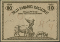 Estland, Eesti Vabariigi Kassattäht, 10 Marka 1919, unfertiger Probe-Druck/Makulatur mit rotem Überdruck PROOV nur auf Revers-Seite, ohne Serie, P 46s...