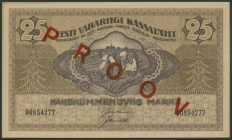 Estland, Eesti Vabariigi Kassattäht, 25 Marka 1919, Probe mit rotem Überdruck PROOV auf beide Seiten, Ser. 00854277, WZ vertikale Wellenlinien, P 47s,...