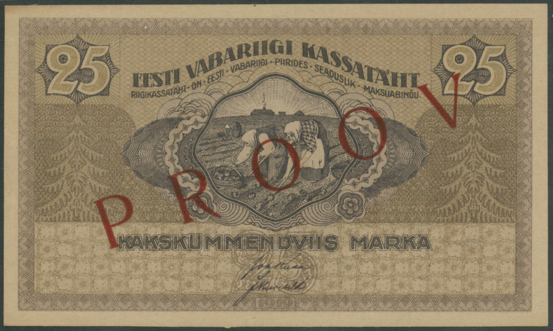 Estland, Eesti Vabariigi Kassattäht, 25 Marka 1919, Probe mit rotem Überdruck PR...