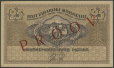 Estland, Eesti Vabariigi Kassattäht, 25 Marka 1919, Probe mit rotem Überdruck PROOV auf beide Seiten, ohne Ser. Nr., WZ vertikale Wellenlinien, leicht...