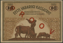 Estland, Eesti Vabariigi Kassattäht, 10 Marka 1919, Probe roter Überdruck PROOV auf beiden Seiten, Ser. 01419241, WZ vertkale Linien, Pick 46s, 2mm kl...