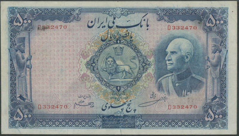 Iran, Bank Melli, Königreich, 2 Stk.: 50 Rials 1317 (1938) P-35 Ab (V) und 500 R...
