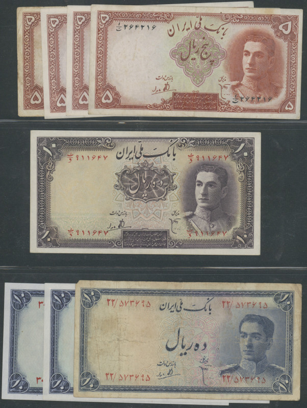 Iran, Bank Melli, Pahlavi, Lot 11 Stk.: 5 Rials o.D. (1944) II-III, P-39 (4); 10...