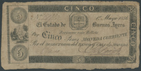 Argentinien, El Estado de Buenos Ayres, 5 Pesos 1.5.1856, einseitig gedruckt, Druck Pickett (London), 2 Signaturen, Pick 416b, V/VG, sehr selten!
