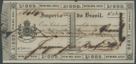 Brasilien, Imperio do Brasil, 1 Mil. Reis o.D. (1833) Pick A151a, Korrosion, Entwertungsschnitt ca. 4cm, III+/XF-VF, sehr selten.