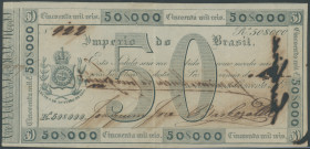 Brasilien, Imperio do Brasil, 50 Mil. Reis o.D. (1833) Pick A156a, Korrosion, ca. 2cm Entwertungsschnitt, III/VF, sehr selten.