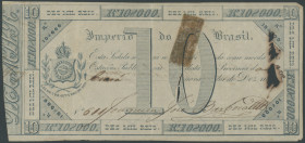 Brasilien, Imperio do Brasil, 10 Mil. Reis o.D. (1833) Pick A154a, Korrosion, Entwertungsschnitt, Klebestreifen, IV/F, sehr selten.