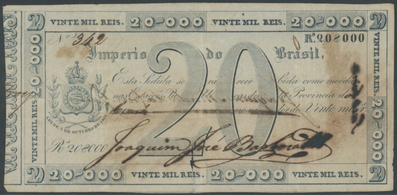 Brasilien, Imperio do Brasil, 20 Mil. Reis o.D. (1833) Pick A155b, Korrosion, 2c...