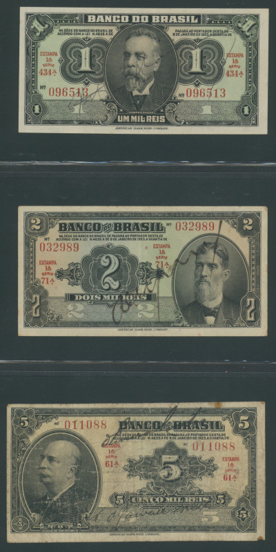 Brasilien, Banco do Brazil, Lot 6 Stk..; 1 Mil. Reis L1923 1A (II); 2 Mil. Reis ...