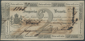 Brasilien, Imperio do Brasil, 2 Mil Reis o. D. (1833) Pick A152b, Korrosion, Entwertungsschnitt ca. 3,5cm, III/VF, sehr selten.