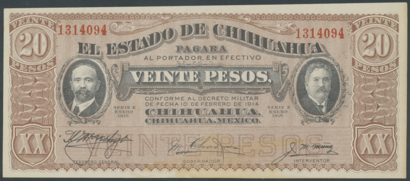 Mexiko, El Estado de Chihuahua, 20 Pesos 1915, Decret von 10.2.1914, Ser. K, Rev...