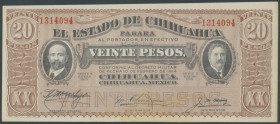 Mexiko, El Estado de Chihuahua, 20 Pesos 1915, Decret von 10.2.1914, Ser. K, Rev. schwarzer Stempel, 6-20-15, SIR-V. PS 537f. Papier mit gelbem Fleck....