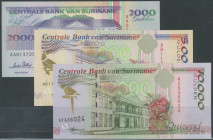 Suriname, Set 1991-1997, 9 Stk.: 5 und 10 Gulden 1.12.1996 (P-13-137b); 25 und 100 Gulden 10.2.1998 (P-138d, 139b); 500 Gilden 9.7.1991 (P-140); 1000 ...