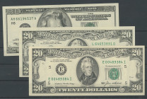 USA, Lot 10 Stk. zu 20 Dollars ab 1985-2017, mit drei Ersatznoten 20 Dollars 2006 Dallas (P-526 K), 20 Dollars 1996 Boston (P.501), 20 Dollars 2017 Ka...