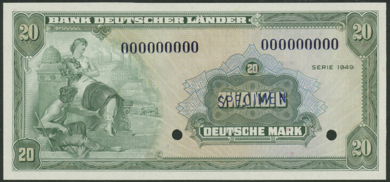 BDL, 20 Deutsche Mark 1949. Dunkelblauer Aufdruck Specimen, zwei kleine Entwertu...