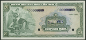 BDL, 20 Deutsche Mark 1949. Dunkelblauer Aufdruck Specimen, zwei kleine Entwertungslochungen, ohne Serie und KN 000000000. Ro. 260, Pick 17M. Erh I/un...
