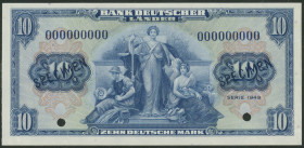 BDL, 10 Deutsche Mark 1949. Dunkelblauer doppelter Aufdruck Specimen, zwei kleine Entwertungslochungen, ohne Serie und KN 000000000. Ro. 258 M, Pick 1...