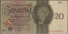 20 Reichsmark 11.10.1924, Druckprobe mit rotem Aufdruck MUSTER auf Av. und Rev., Udr. Bst. Q, Ser. A, KN 7-stellig rot 0000000, Ro.-, Grab.-, Pick 176...