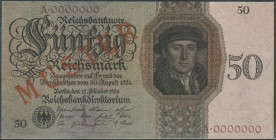 50 Reichsmark 11.10.1924, Druckprobe mit rotem Aufdruck MUSTER auf Av. und Rev., Udr. Bst. L, Ser. A, KN 7-stellig rot-braun 0000000, Ro.-, Grab.-, Pi...