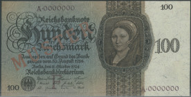 100 Reichsmark 11.10.1924, Druckprobe mit rotem Aufdruck MUSTER auf Av. und Rev., Udr. Bst. F, Ser. A, KN 7-stellig lila 0000000, Ro.-, Grab.-, Pick 1...