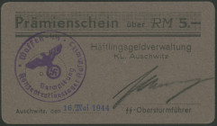 Deutschland, II. WK, KL Auschwitz (Polen), Prämienschein zu 5 Reichsmark, o.D. (1944), Avers: "Prämienschein" auf Punkt-Raster, Häftlingsgeldverwaltun...