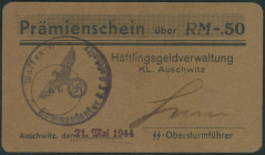 Deutschland, II. WK, KL Auschwitz (Polen), Prämienschein über 50 Reichspfennig, 21. Mai 1944. Av.: "Prämienschein" auf Punkt-Raster, RM-.50 Häftlingsg...