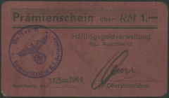Deutschland II. WK, Auschwitz (Polen), Prämienschein zu 1 Reichsmark 17.1.1944. Avers: Prämienschein über RM 1,- Häftlinggeldverwaltung KL. Auschwitz,...