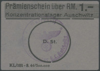 Deutschland, II. WK, Konzentrationslager Auschwitz (Polen), 1 Reichsmark (RM 1,-) o.D. (8/ 1944), II. Ausgabe mit großem Kreis in der Mitte. Av.: Präm...