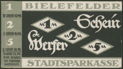 Bielefeld (Wfl.) Stadtsparkasse, Heftchen mit 1, 2, 5 Mark Scheine 1.12.1918, 100 Tsd. Sparbuchausgaben Nr. 823, 10 Scheine je 1 Mk, 5 Scheine je 2 Mk...