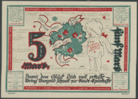 Bielefeld (Westfalen), 5 Mark 15.7.1921-1.10.1922 (2x), Leinen und Papier, Druck grün/rot/schwarz, ohne und mit KN, Grab./Mehl 103.12 & 103.13, sehr s...