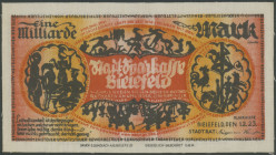 Bielefeld (Westfalen),1 Mrd. Mark 1.2.1923 (Okt. 1923), Leinen weiß, Druck gelb/orange/rot/schwarz. kleiner Knick rechts unten. Grab. 85/ GP 38. Erh I...