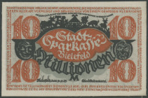 Bielefeld (Westfalen), 10 Mio. Mark 9.9.1923, Leinen weiß, Grab. 82/ GP 35. Erh. I/unc, selten.