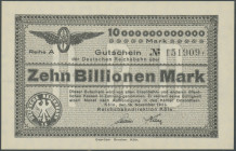 Köln (Rhl.) Reichsbahndirektion, 10 Bill. Mark 18.11.1923, Reihe A, WZ C-Kreuzmuster, Druckfirma Gebr. Brocker, Lindman 2694 / P-S1296, leichte Stauch...
