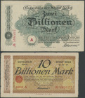 Köln (Rhl.) Stadt, Set 2 Stk.:10 Billionen 1.11.1923 (III) WZ Mauerwerk und 2 Billionen 5.11.1923 Ser. A, WZ Deltamuster, beide sign. Adenauer, Lindma...