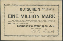 Köln (Rhl.-NRW) Tonindustrie Worringen A.-G, Gutschein zu 1 Mill. Mark 10.8.-1.10.1923 und 5 Mill 21.8.-1.10.1923, Keller 2708 a, b, Erh. II und III.