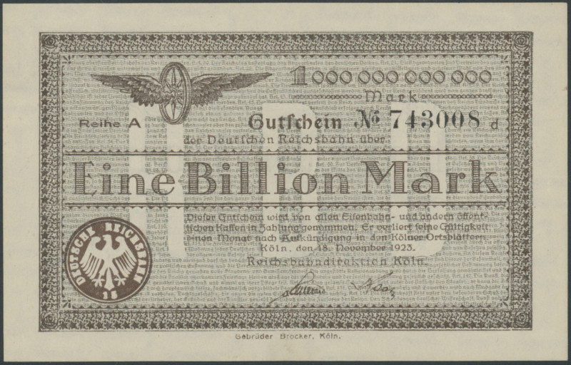 Köln (Rhl.) Reichsbahndirektion, 1 Bill. Mark 18.11.1923, Reihe A, WZ C-Kreuzmus...