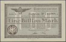 Köln (Rhl.) Reichsbahndirektion, 1 Bill. Mark 18.11.1923, Reihe A, WZ C-Kreuzmuster, P-S1294, Keller 2694 n, Müller/Geiger 0.13.20. Rostflecken und Dr...
