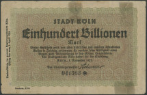 Köln (Rhl.) Stadt, 100 Billionen 1.11.1923, Sign. Adenauer, WZ Achteckfluß, Lindmann 2706c6, Reparatur-Klebestreifen, III/VF