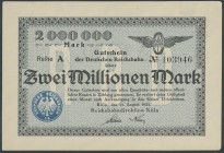 Köln (Rhl.), Reichsbahndirektion, 3x 2 Mill. Mark 11.8.1923, Reihe A, wz. Furchen, Stauchung und Rostfleck Papierklammer, fortlaufende Ser. Nr., Mülle...