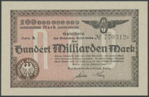 Köln (Rhl.) Reichsbahndirektion,100 Mrd. Mark 18.10.1923, Reihe A, WZ Achteckfluß, Müller/Geiger 013-15, Stauchung, Erh. I-II/aunc.