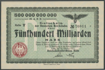Köln (Rhl.) Reichsbahndirektion, 500 Mrd. Mark 18.10.1923, Reihe T, WZ Deltamuster, Firmendruck Greven & Bechtold, P-S1293/ Keller 2694 k, Müller-Geig...