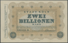 Köln (Rhl.) Stadt, 2 Billionen 1.11.1923, Wz Bachem-Sternblumen, o. Ser, Sign. Adenauer, Lindmann 2706A c5, II/XF