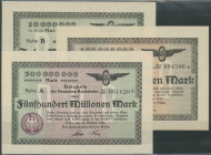 Köln (Rhl.) Reichsbahndirektion, Lot 5 Stk. 10 Mill. Mark 2.9.1923; 100 Mill. Mark 25.9.1923; 500 Mill. Mark 10.10.1923; 1 Mrd. Mark 11.8.1923; 10 Mrd...