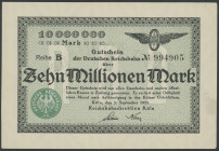 Köln (Rhl.) Reichsbahndirektion, Lot 5 Stk.: 10 Mill. Mark 2.9.23; 100 Mill. Mark 25.9.23; 500 Mill. Mark 10.10.23; 1 Mrd. Mark o.D. (roter Üdr. auf 5...