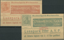 Köln (Rhl.-NRW) Stollwerk Gold, Schokolade, Kakao, 10 und 20 Pfg. 1921, Porto-Briefmarke in Pergaminhülle, 2 Stk., Tieste 3565.110. Erh. I-II.