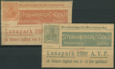 Köln (Rhl.-NRW) Stollwerk Gold, Schokolade, Kakao, 10 und 20 Pfg. 1921, Porto-Briefmarke in Pergaminhülle, 2 Stk. Tieste 3565.110. Erh. I-II.